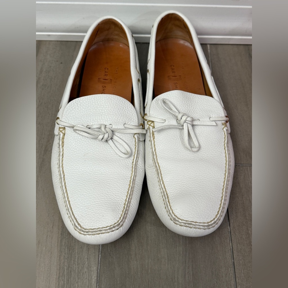 The Original Car Shoe White Leather Slip-On Loafers